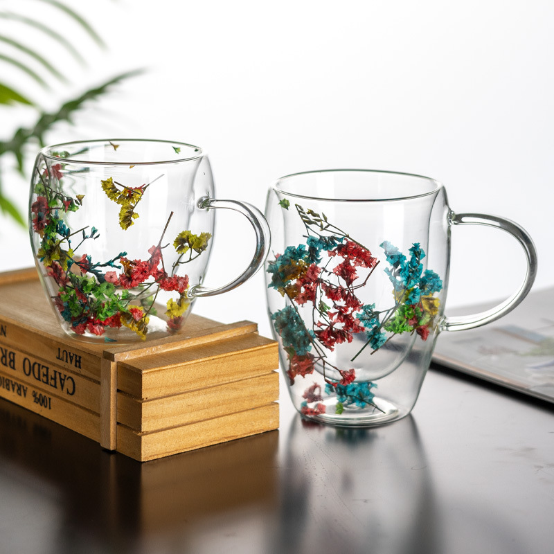 Double-layer coffee cups, household glass cups, high-temperature resistant and anti-scald water cups, dried flower mugs, exquisite latte cups wholesale Specification drawing