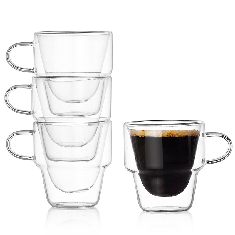 Wholesale high borosilicate double-layer insulated glass cups with handles for household drinking, juice, milk stacking and coffee cups Item Picture