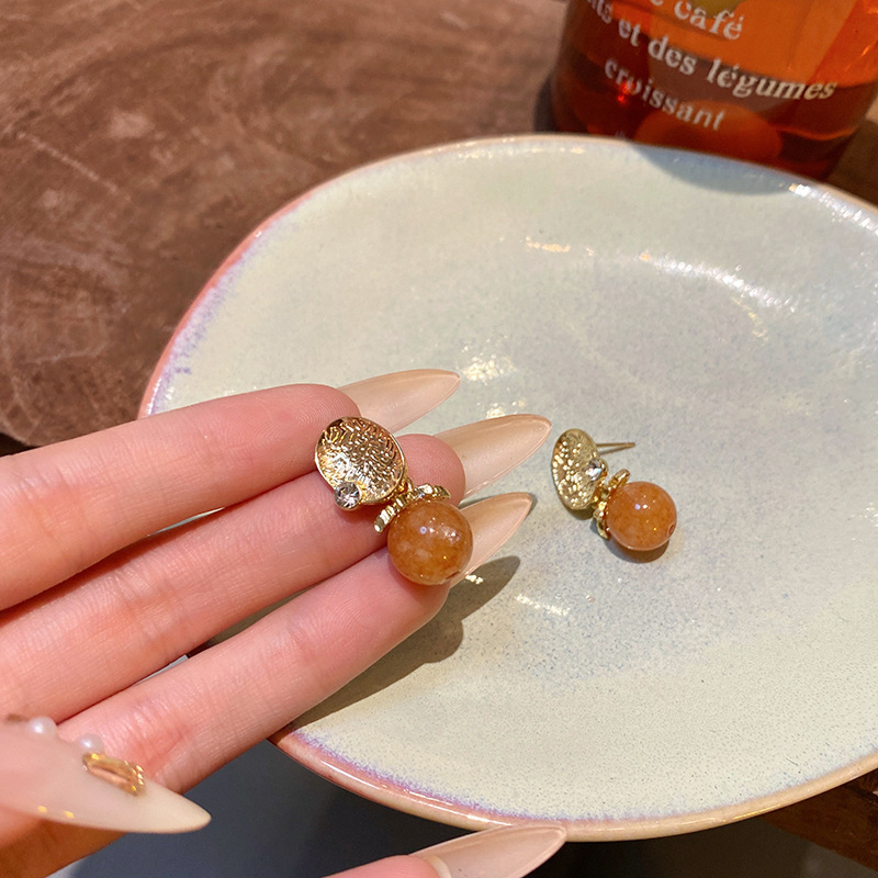 New Chinese-style retro high-end amber earrings, trendy and versatile for women on Instagram, elegant tiger's eye stone ear studs, popular earrings Specification drawing