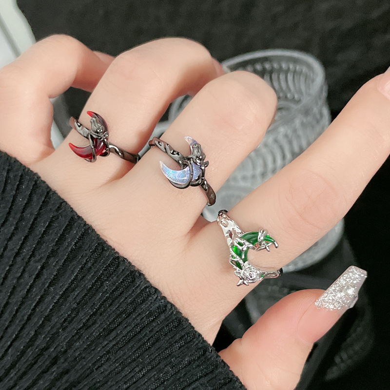 A niche design moon rose entwined dark and individualistic open ring, a unique and fashionable feminine androgynous ring for a hot girl details Picture