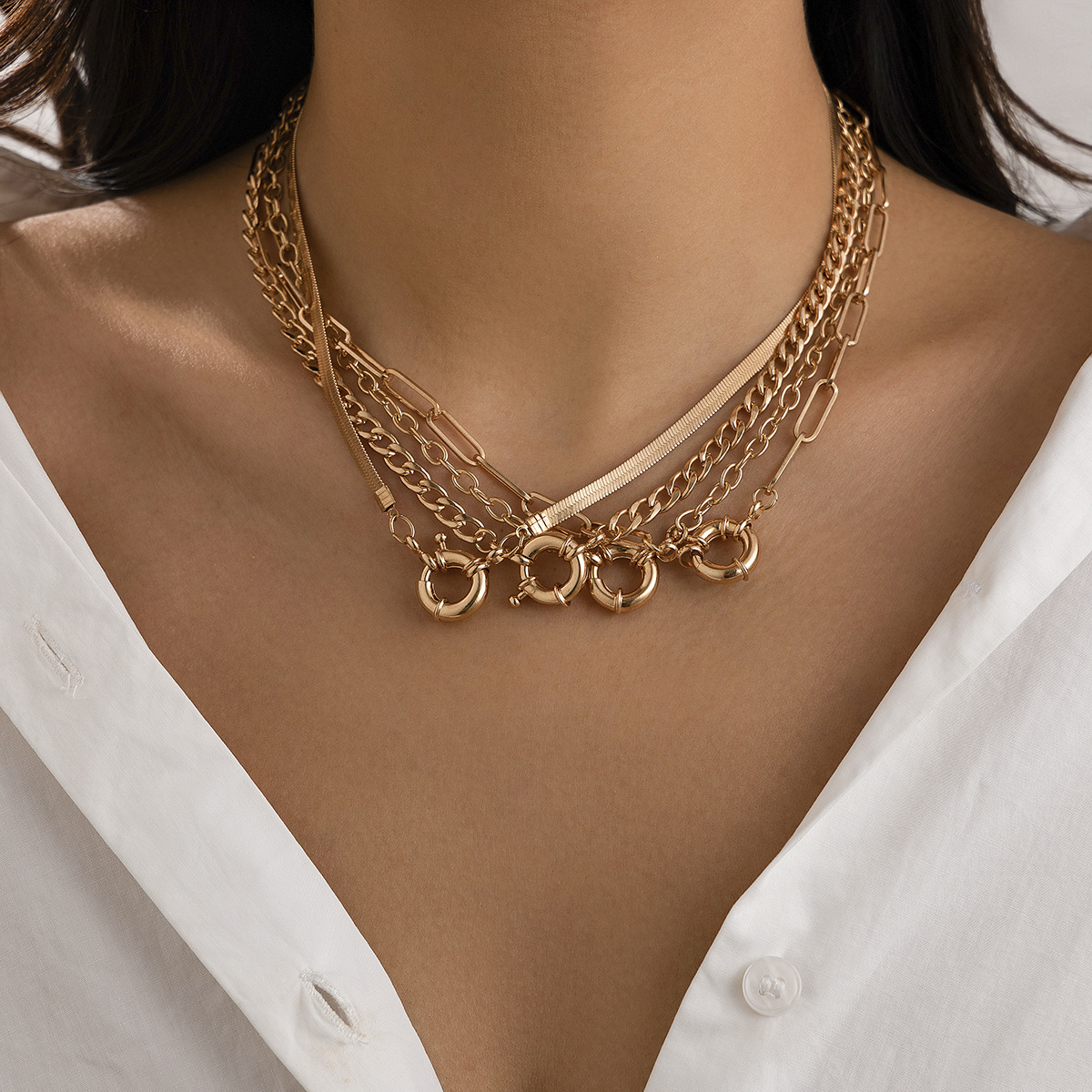 European and American cross-border jewelry geometric spring buckle NK copper chain necklace, unique and simple flat snake chain collarbone neck chain for women full figure