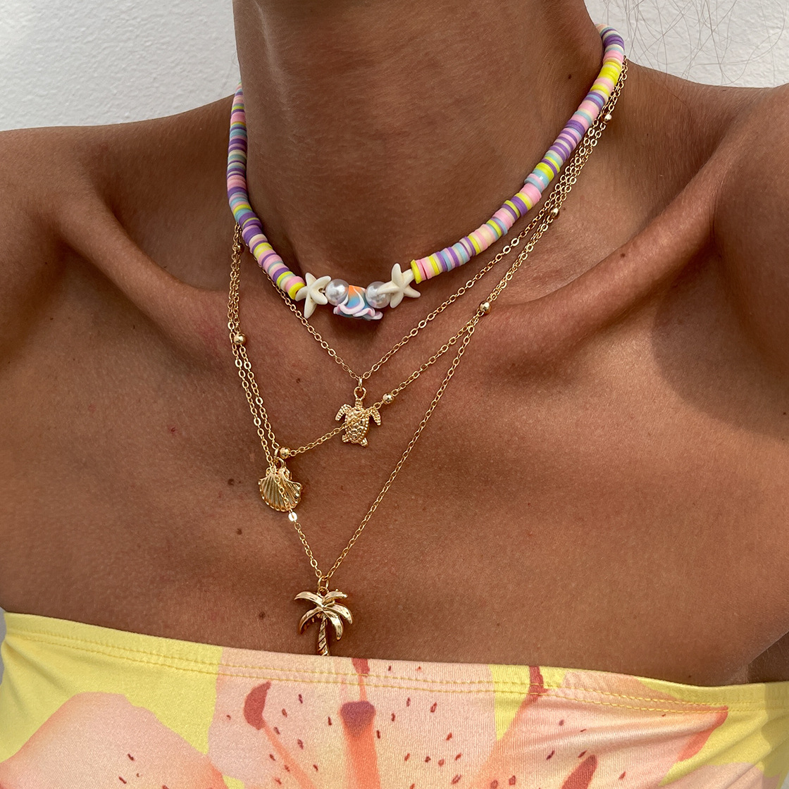 European and American cross-border jewelry, Bohemian colored soft clay beaded necklace, beach scallop fish tail alloy collarbone chain full figure