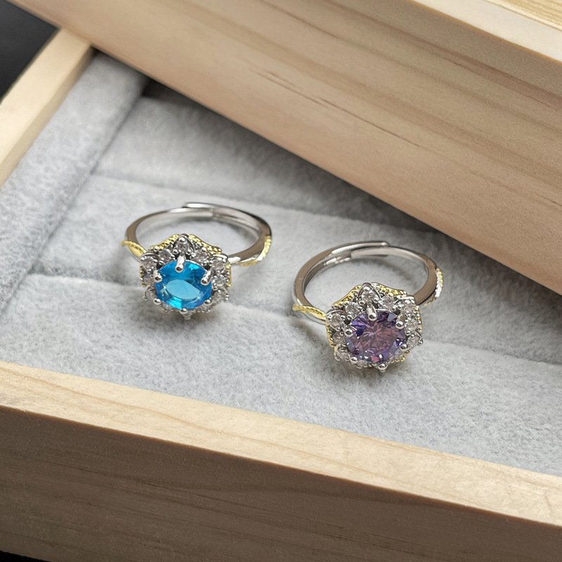 A sweet and cool European and American bouquet purple diamond open ring for women, with a light luxury and high-end feel, fashionable and elegant, and a niche design sense Specification drawing