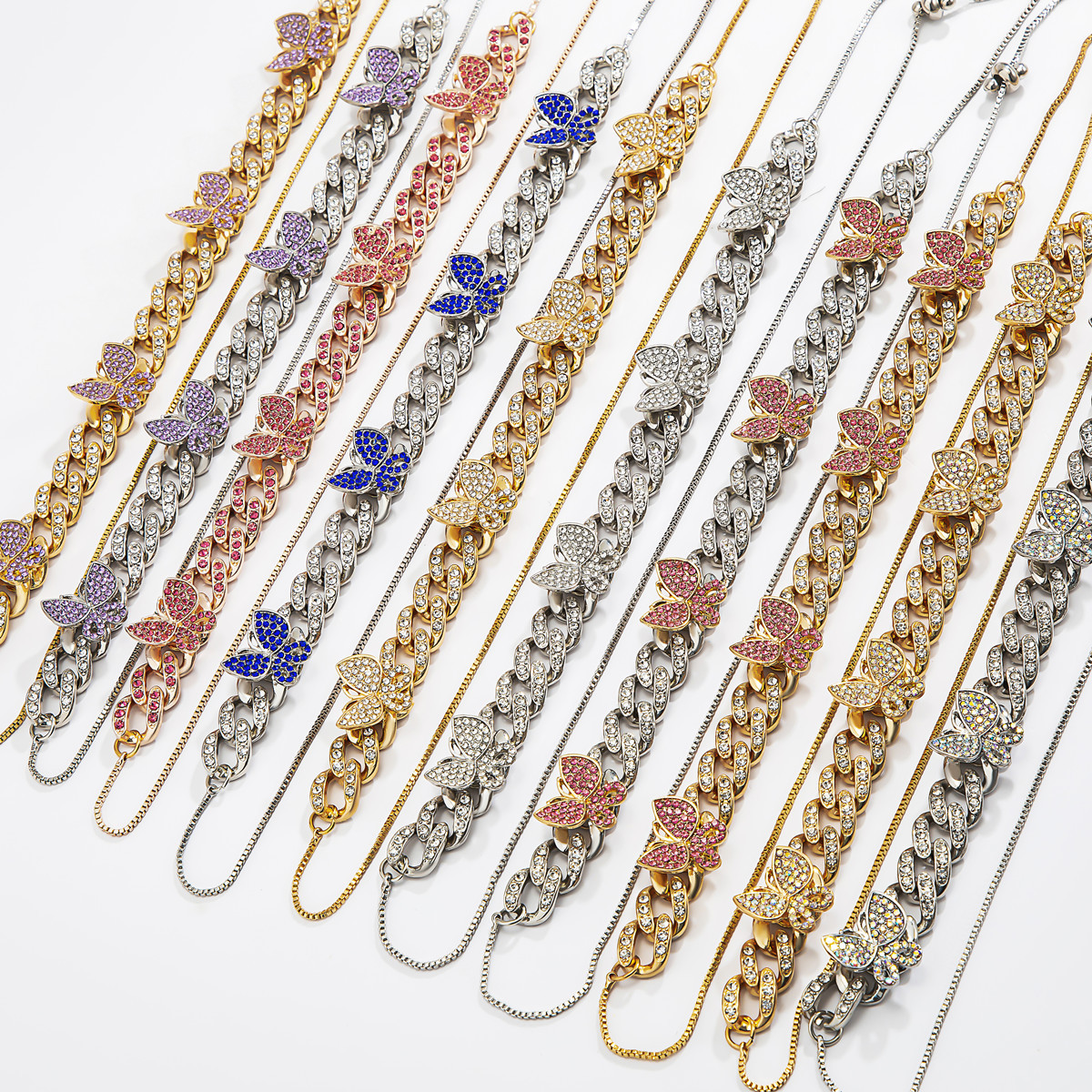European and American cross-border accessories, unique and cool hip-hop colorful diamond-encrusted butterfly necklace, fashionable Cuban adjustable necklace for women Application Scenario