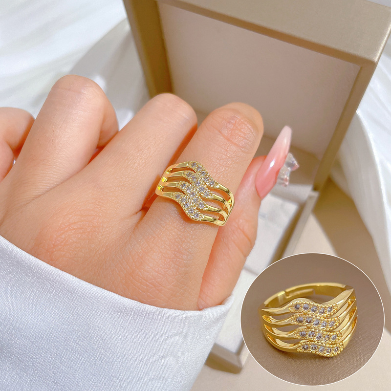 【 Real Gold 】 Four-layer zircon fashion ring with adjustable opening, simple Japanese-style bracelet, couple rings full figure