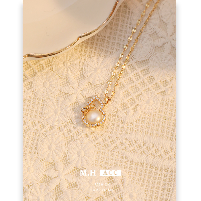 Retro gourd pearl necklace, women's light luxury style, high-end collarbone chain, 2024 new style, personalized trend pendant wholesale Specification drawing