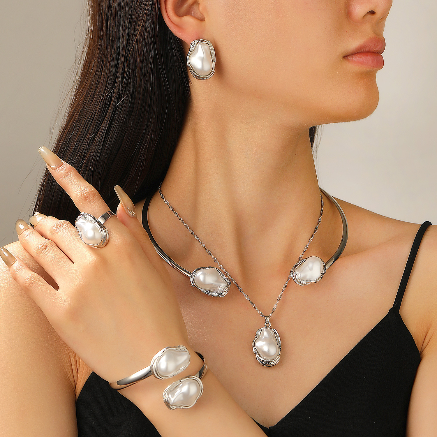 European and American cross-border Baroque irregular-shaped pearl set jewelry, women's high-end necklace, stud earrings, ring, bracelet and collar Specification drawing