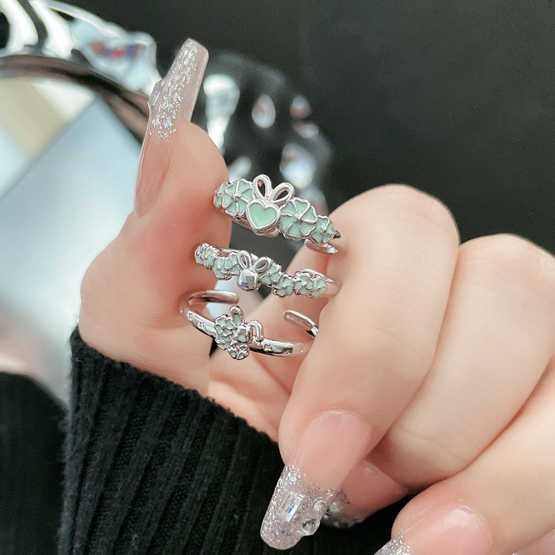 Mampolo-style mint green drip glaze rabbit cute student open ring, cold female style simple and unique stacked ring details Picture