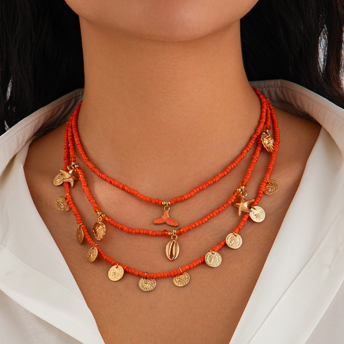 European and American cross-border jewelry, personalized style mermaid tassel pendant necklace set, niche alloy multi-layer collarbone chain full figure