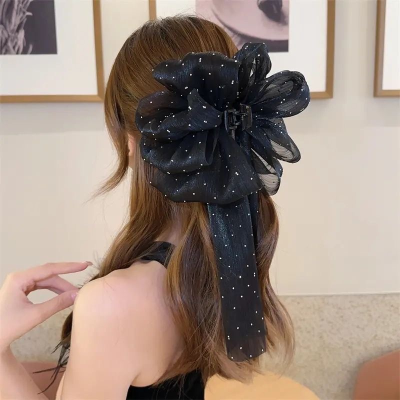 Elegant and stylish ribbon-shaped bow hair clip, new women's mesh fabric starry sky, back head clipper hair clip, headwear clip Specification drawing