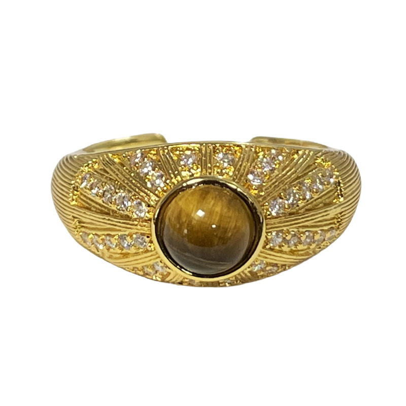 French light luxury retro court style brushed open ring, women's tiger's eye stone flower geometric fashionable and niche index finger ring Item Picture