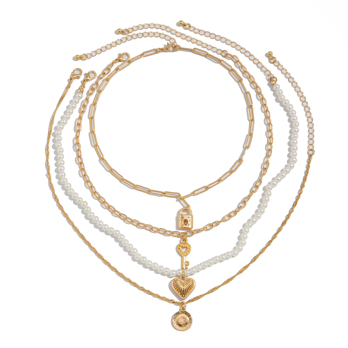 European and American cross-border jewelry, cold style pearl beaded collarbone chain, personalized heart-shaped pendant, long joint alloy necklace Item Picture
