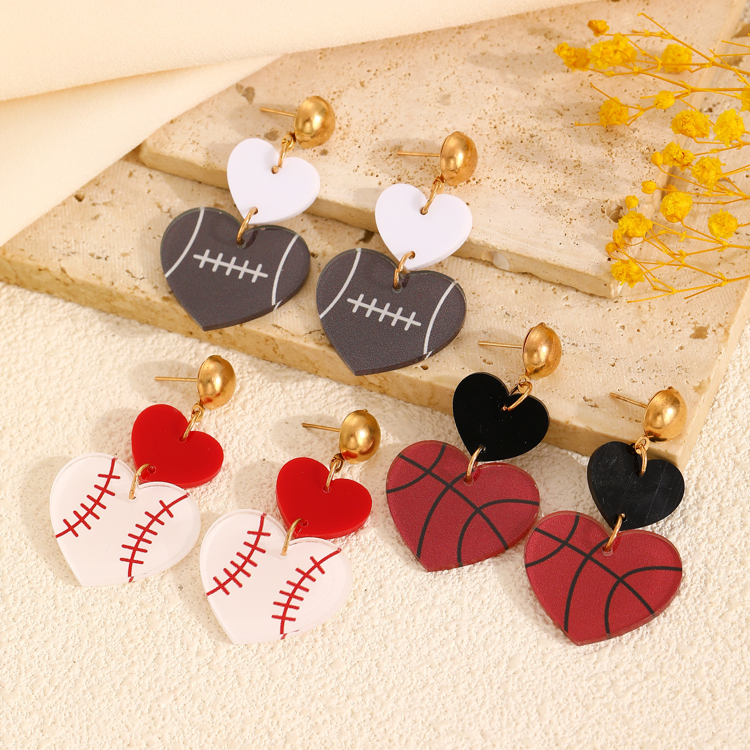 Cross-border retro acrylic heart-shaped stud earrings, women's doubles heart-shaped rugby, basketball and baseball sports ball earrings and accessories Application Scenario