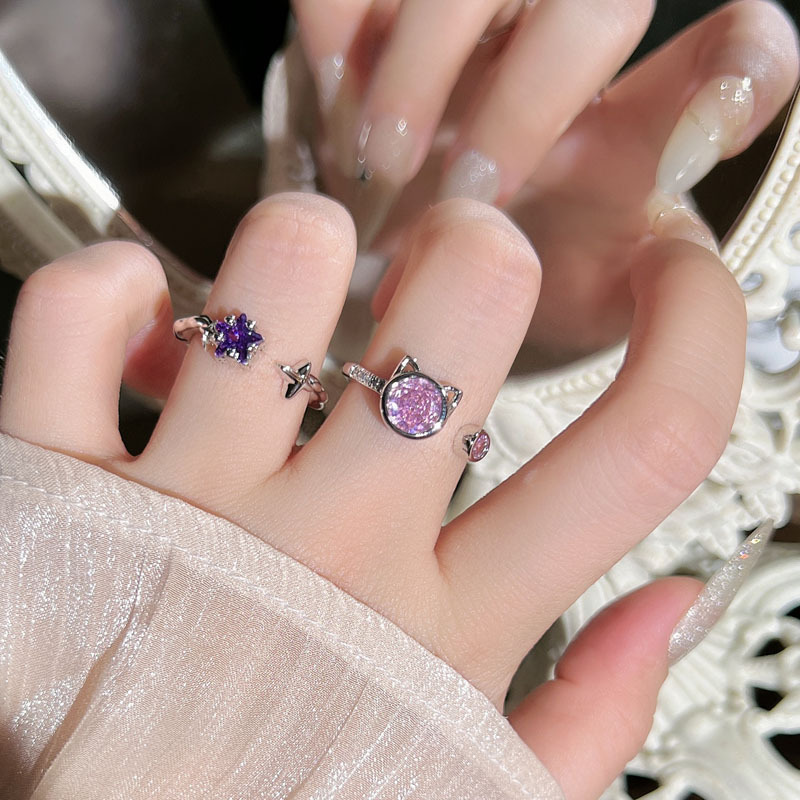 Korean version cute and sweet pink diamond kitten open ring, female student purple diamond star niche light luxury cold style ring full figure