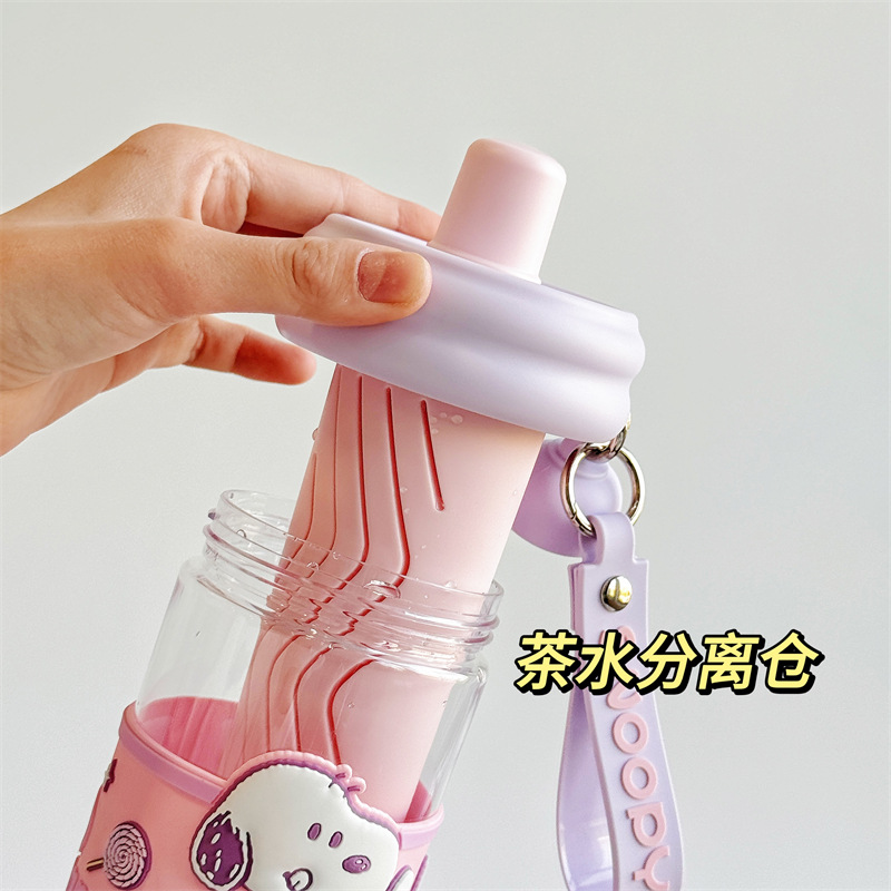 Cute Snoopy flower tea straw cup, high-temperature resistant tea-water separation tritan water cup, high appearance level plastic cup for girls Specification drawing