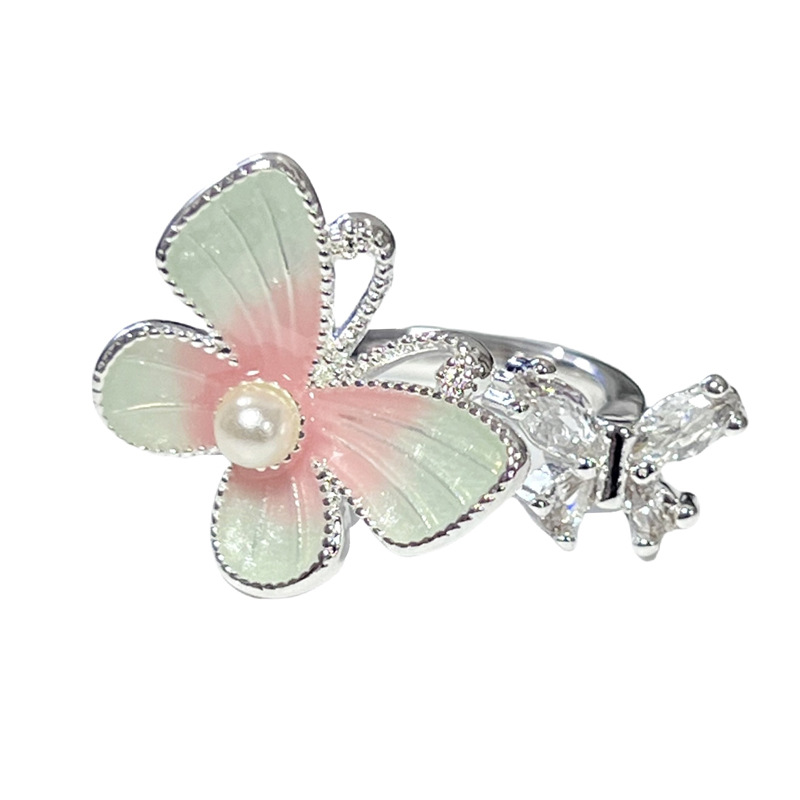 A new French summer ring with a fresh and light design sense, featuring a luxurious silver flower butterfly gradient enamel ring for women Item Picture