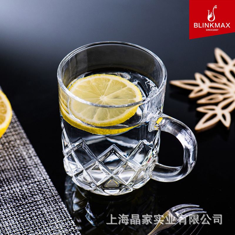【 Factory Direct Sales 】 Glass tea cups, cold drink cups, wheat juice beer mugs, engraved transparent foreign wine glasses with handles Specification drawing
