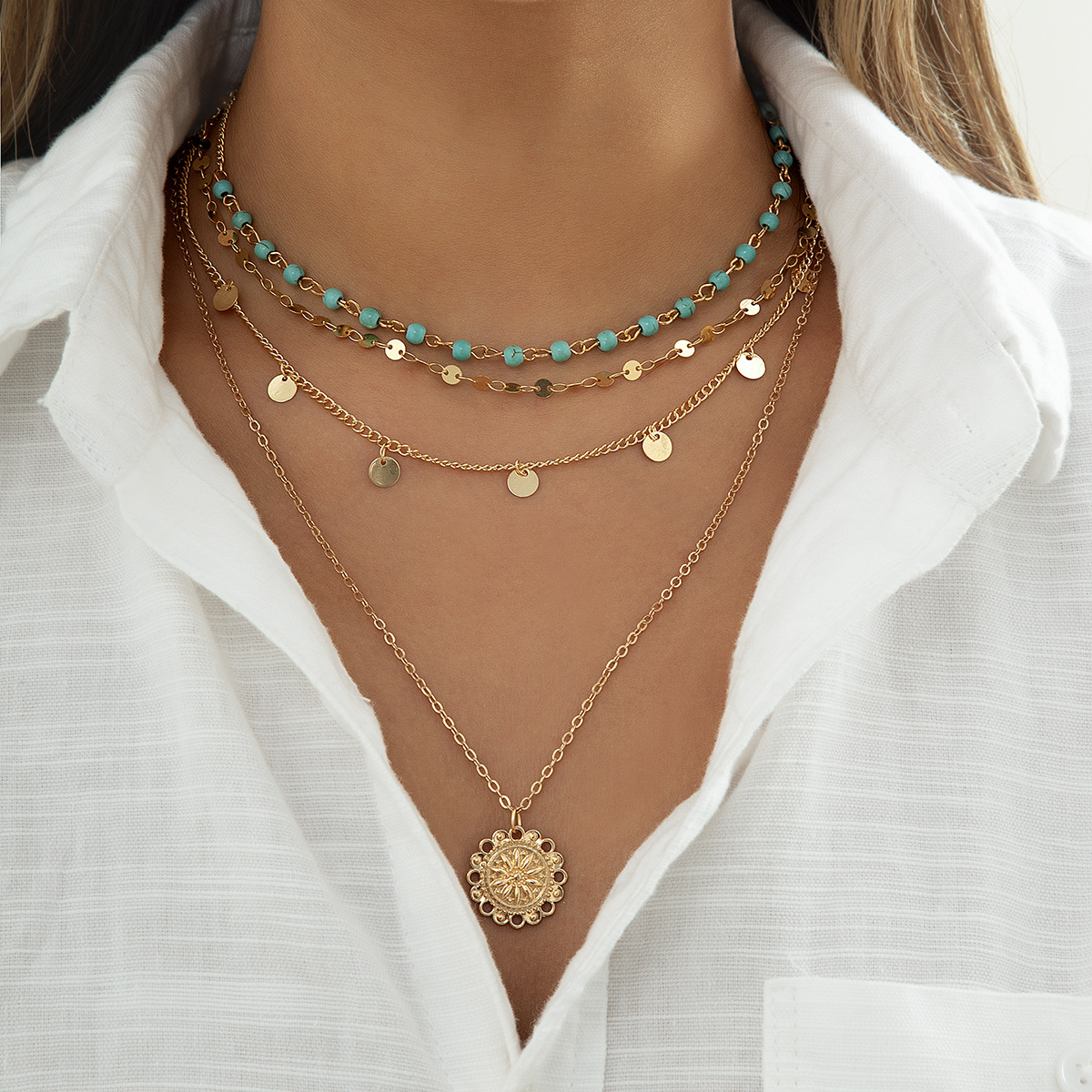 European and American cross-border simple fine chain turquoise beaded flower plate pendant necklace, women's retro style tassel sequin necklace full figure