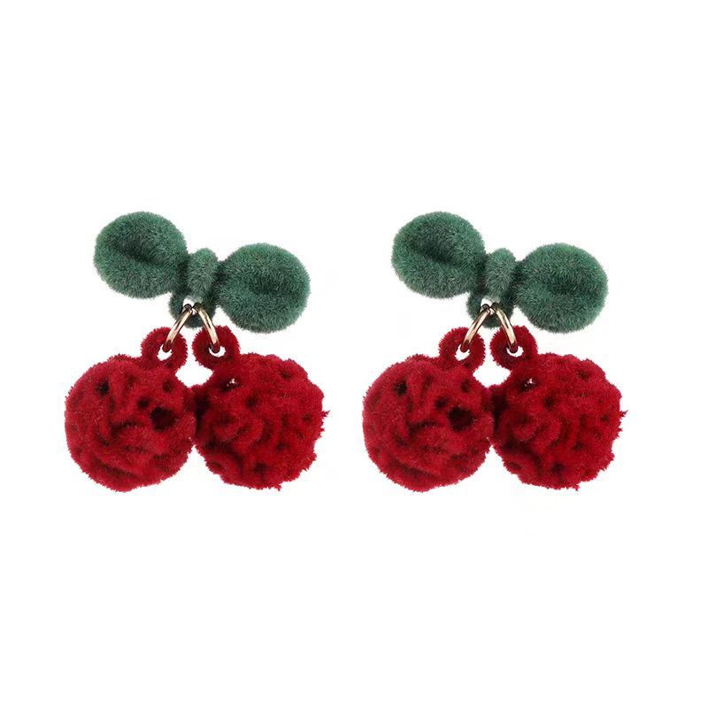 She's a sweet girl! Autumn and winter retro velvet red cherry stud earrings 2025 French gentle berry red furry earrings Item Picture
