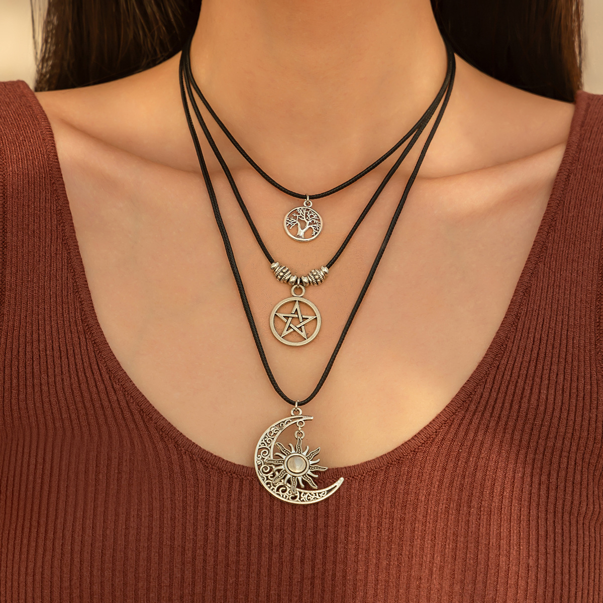 European and American cross-border jewelry, ethnic style, Korean velvet multi-layer collarbone chain, retro hollowed-out moon alloy pendant necklace full figure