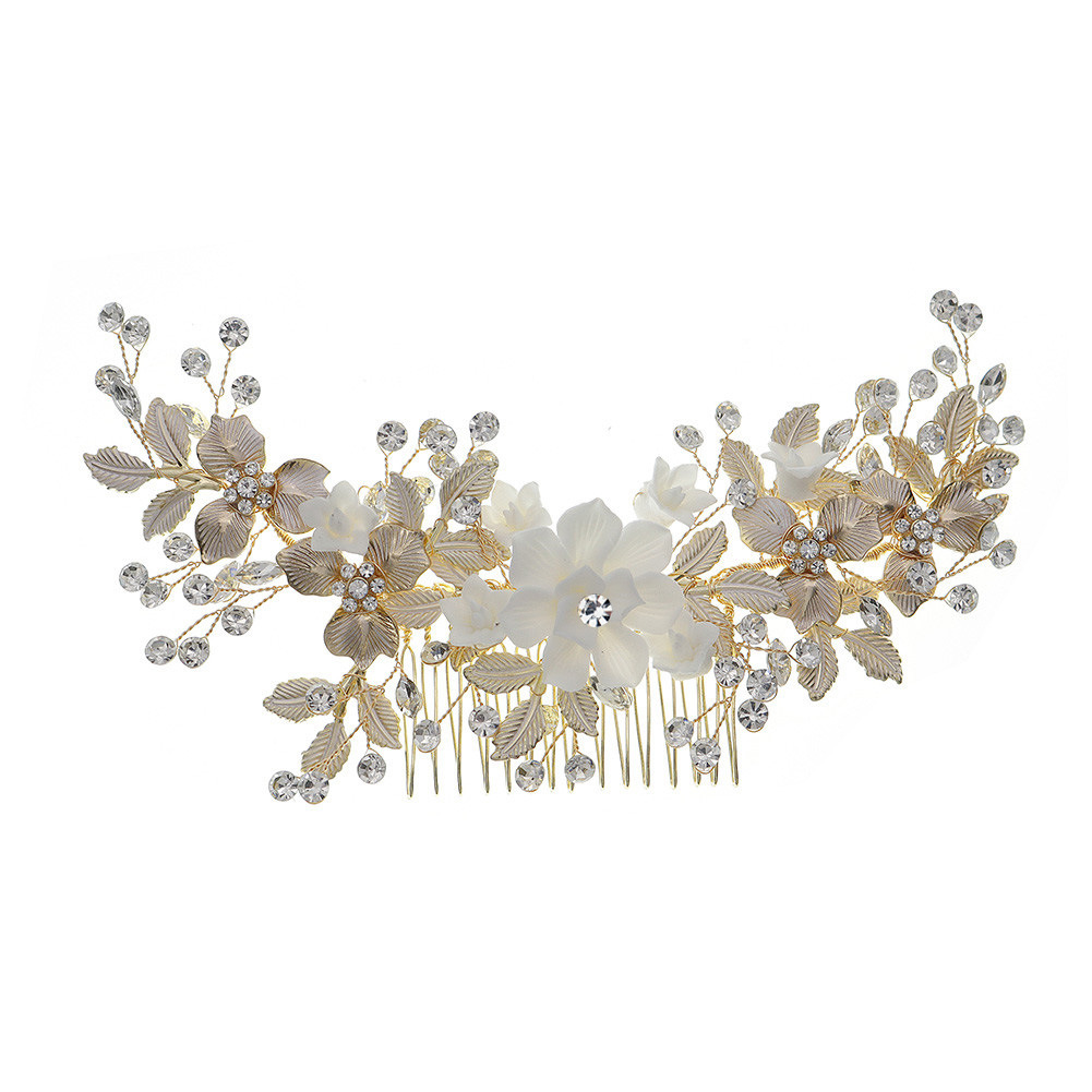 European and American style headwear, soft clay flower handcrafted hair comb, beautiful thin-coated alloy hair accessory, bride's veil, updo and comb Item Picture