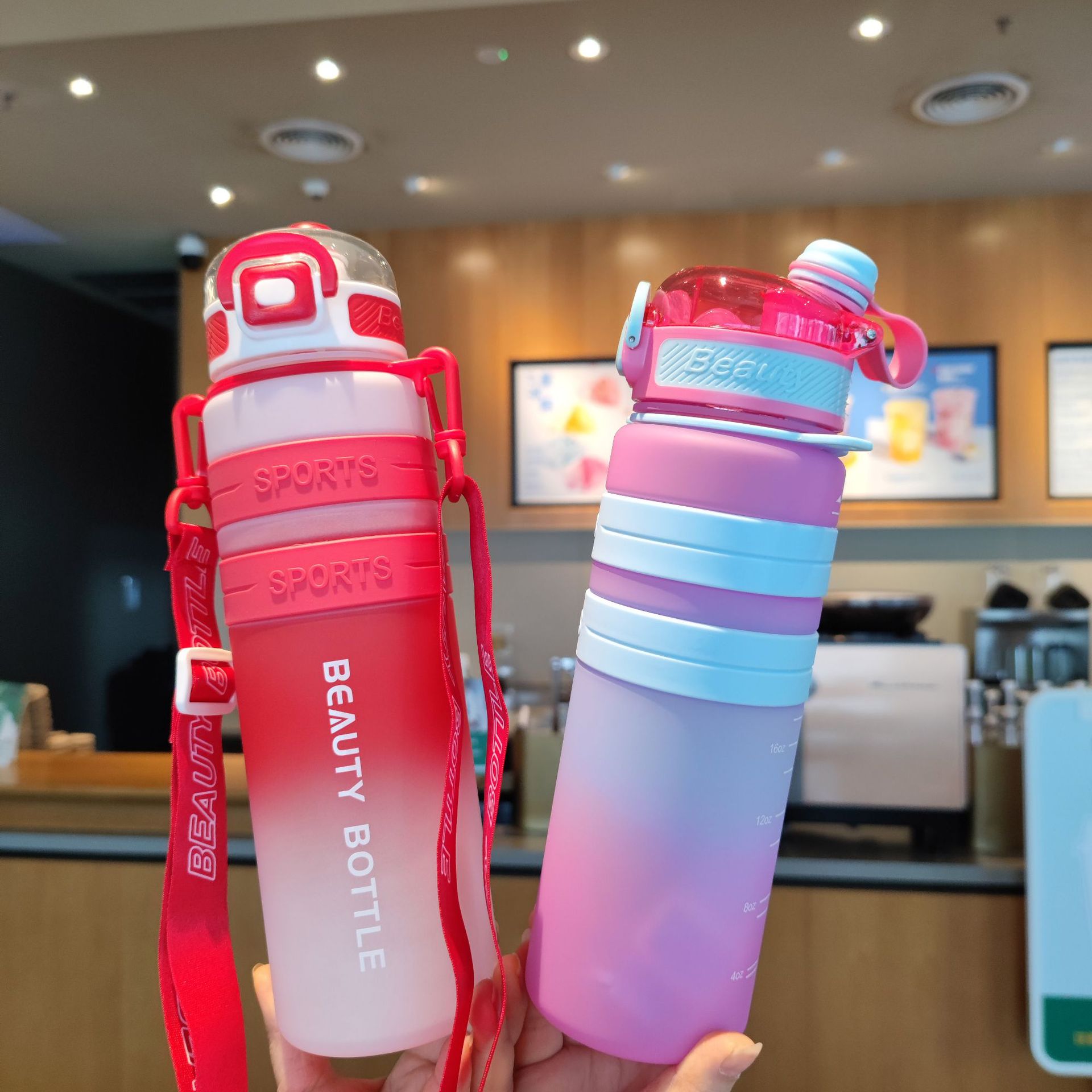 High appearance level gradient dazzling color double-drinking plastic water cup, strap sports water bottle, student water bottle, cross-border bestseller Specification drawing