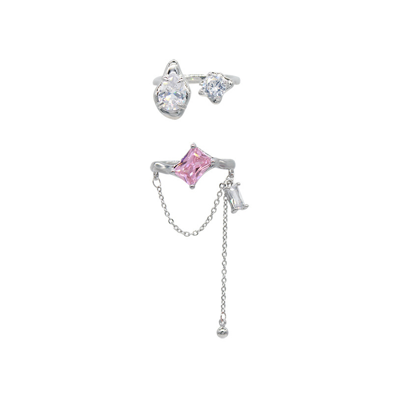 Korean version pink zircon stacked geometric tassel chain opening adjustable ring, women's Instagram niche design, high-end Item Picture