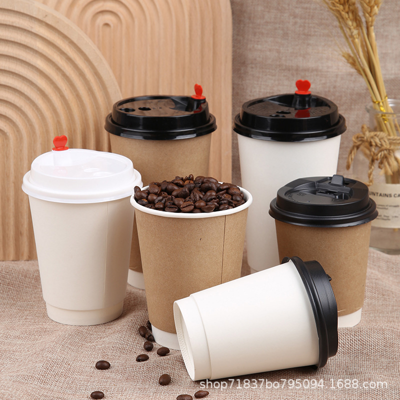 Hollow cup, double-layer kraft paper cup, disposable coffee cup, milk tea cup, thickened with lid, packed, heat-resistant and heat-insulating paper cup full figure