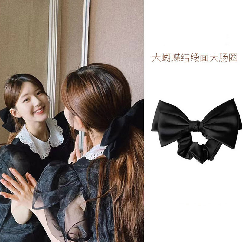 Double-layer black bow hair tie velvet hair band with a high-end look, large intestine hair band with a high-end look, leather band ins, high appearance level details Picture