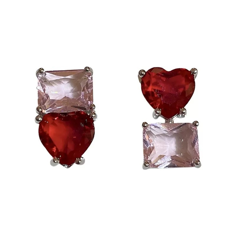 Korean style asymmetrical red heart-shaped earrings, women's light luxury and high-end niche earrings, crystal versatile stud earrings Item Picture
