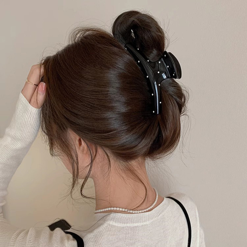 Gentle girl black and white polka dot large hair clip for women 2025 new style high-end updo hair clip, large hair volume shark clip Specification drawing