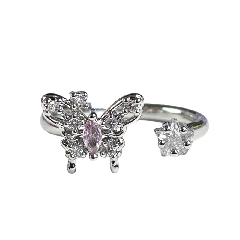 Sweet and cool pink diamond butterfly irregular simple and fashionable open ring, adjustable for women, cold style, layered and niche ring Item Picture
