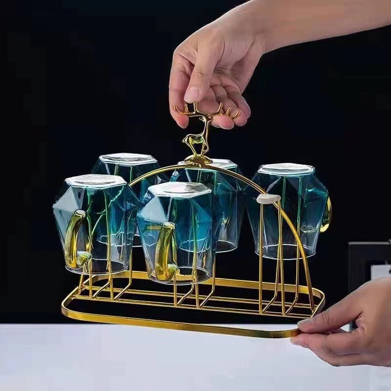 Wholesale of new gradient diamond cooling water kettle with handle and lid, marble kettle and high borosilicate heat-resistant glass water kettle set details Picture