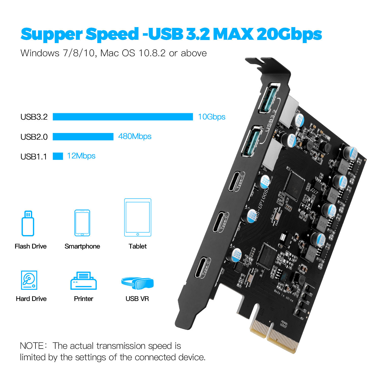 Manufacturer's in-stock Type-C expansion card, USB3.2 driverless desktop computer adapter card, 20Gbps computer graphics card details Picture
