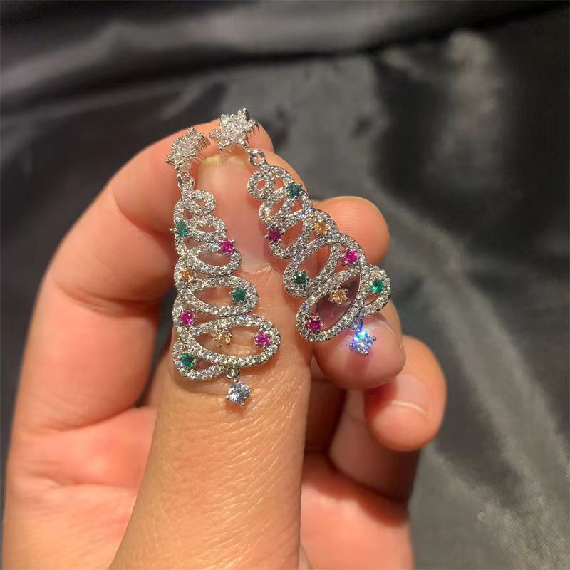 European and American style light luxury colored zircon Christmas tree stud earrings for women, niche design sense exquisite girl earrings 2025 new style Specification drawing