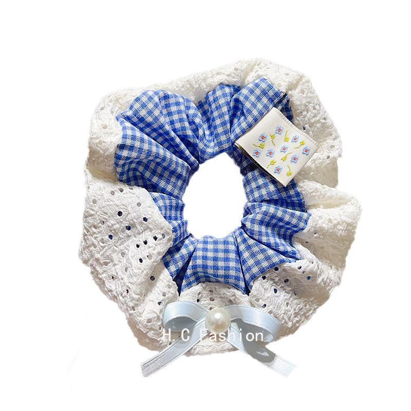 Korean-style blue checkered square scarf, large intestine hair band, women's high-end look, hair tie, bun hairstyle, low ponytail hair tie, hair accessory Item Picture