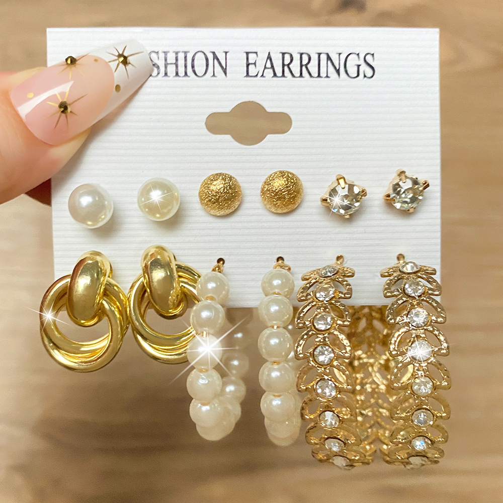 A 6-piece set of European and American cross-border alloy earring square geometric earrings, retro pearl card earrings and earrings Specification drawing
