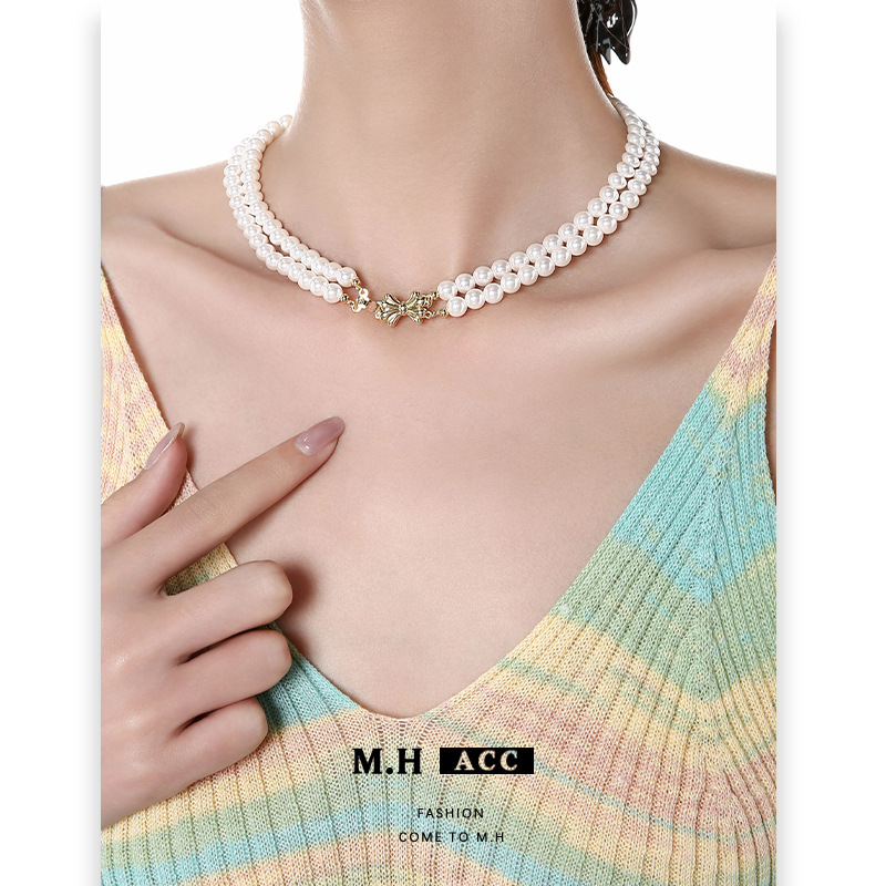 French-style layered bow pearl necklace with a touch of high-end women, light luxury cross-border collarbone chain, elegant and versatile necklace wholesale details Picture