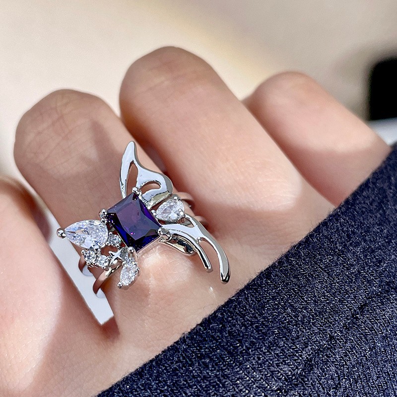 Purple zircon super flash open ring, asymmetrical liquid butterfly ring, sweet and elegant index finger ring, trendy accessory full figure