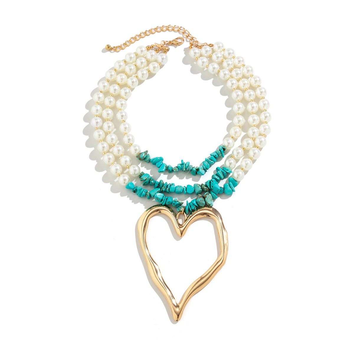 European and American cross-border jewelry niche beaded imitation pearl necklace versatile retro large heart turquoise necklace for women Item Picture
