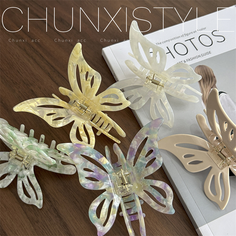 Hollowed-out acetic acid high-quality beige bow shark clip, cream semi-clip hair clip, ins style hair clip full figure