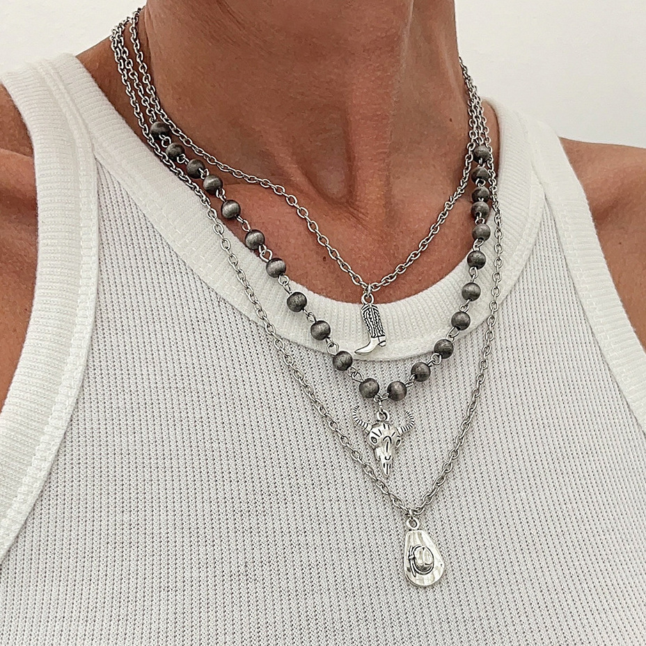 European and American cross-border jewelry, personalized irregular ancient tin brushed necklace, ethnic style 3-piece set CCB cross chain necklace full figure
