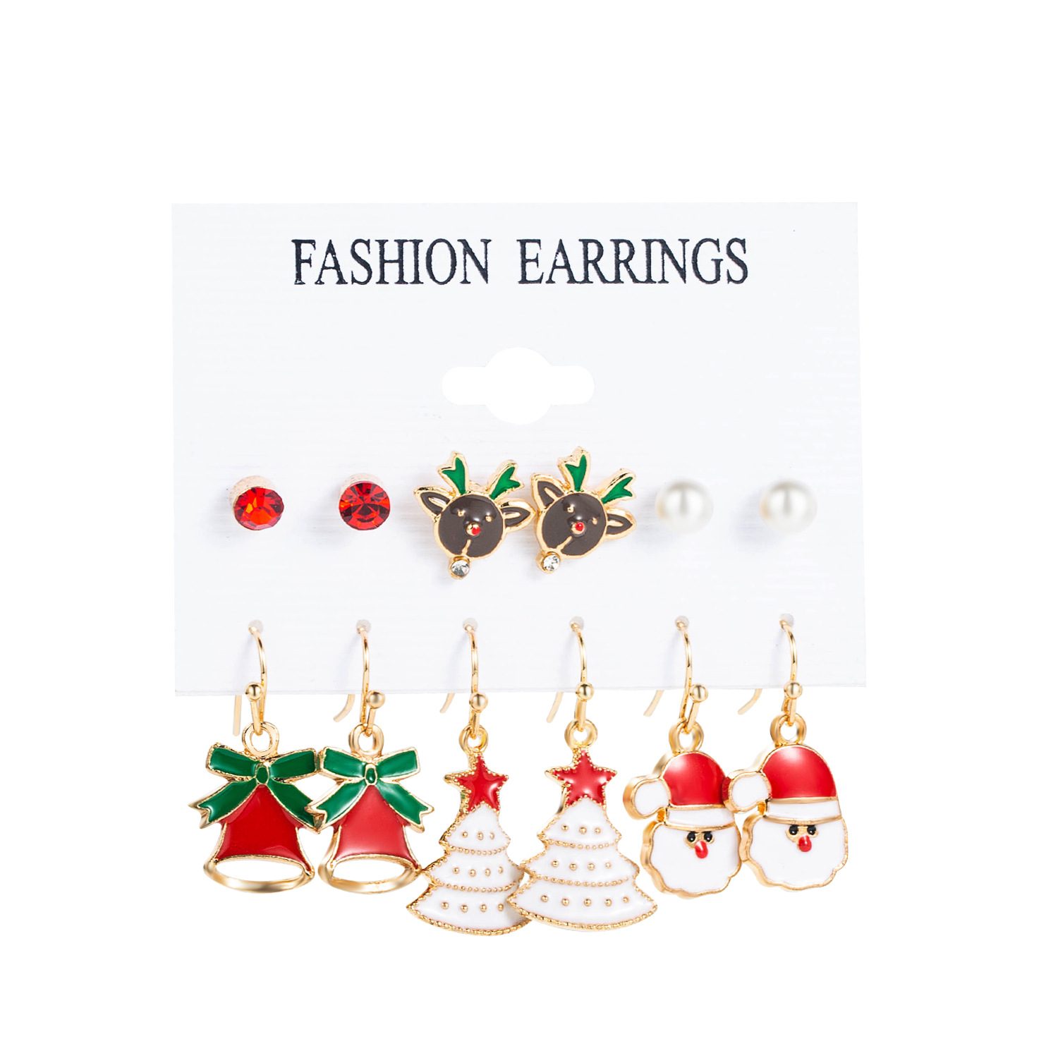 Christmas cross-border earrings set, long European and American bell, snowflake, elderly tree, walking stick, bell alloy earrings for women Item Picture