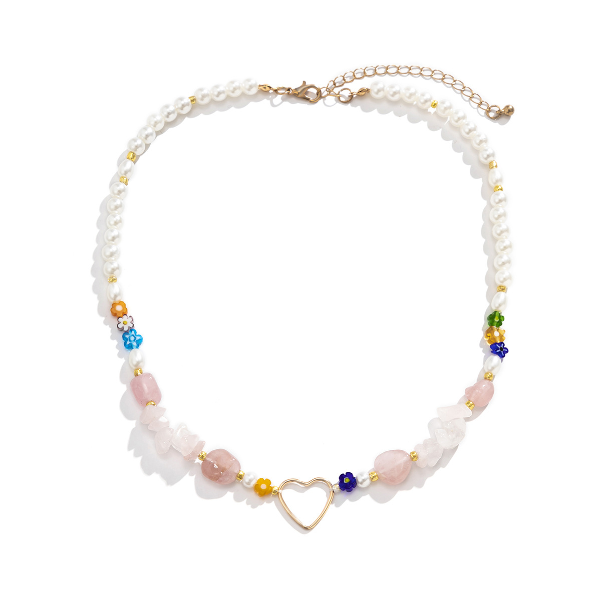 Ethnic style spliced stone stone personalized short collarbone chain necklace, European and American retro imitation pearl heart niche necklace for women Item Picture