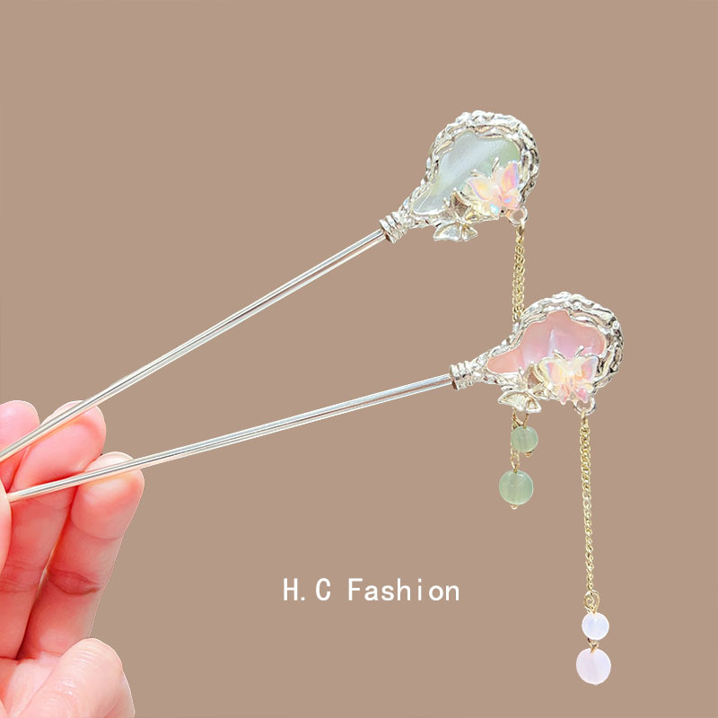 Little fairy ancient-style imitation jade tassel hairpin, national trend updo hairpin, cheongsam, Hanfu, classical alloy headwear details Picture