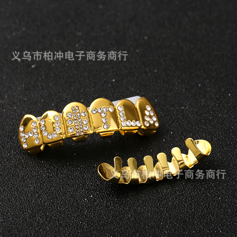 New type of diamond-inlaid gold teeth with English letter shape HUITLA hip-hop braces for foreign trade are supplied by the manufacturer details Picture