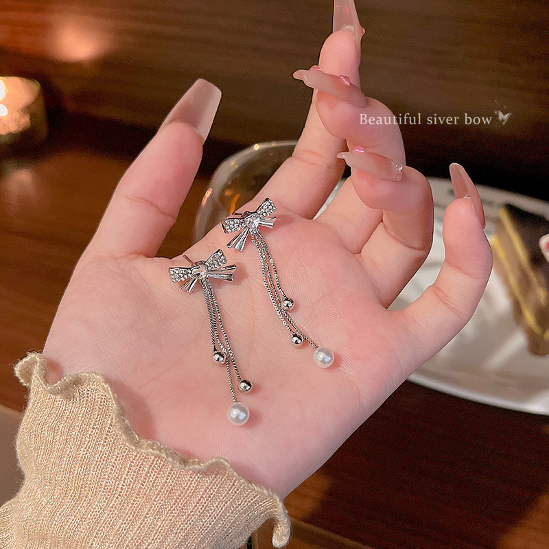 S925 Silver Needle Long Bow Pearl Earrings, women's light luxury exquisite Super shiny long Zircon stud earrings, best-selling earrings Specification drawing