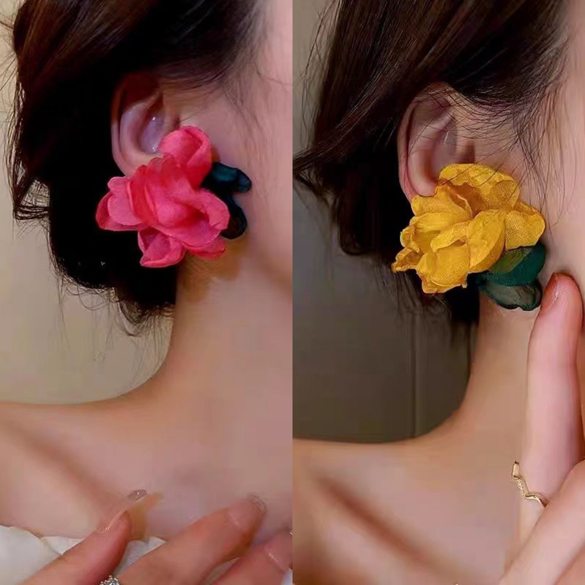 Let's go on vacation! The atmosphere chiffon contrasting color flower stud earrings are a new Korean-style style earring for women, a niche Instagram ear full figure