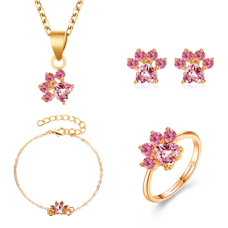 Korean fashion set, cute cartoon cat paw necklace, stud earrings, four-piece set, cat footprint zircon ring, bracelet for women full figure