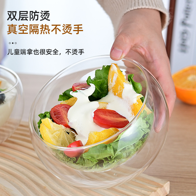 Wholesale glass bowls with high appearance level, double-layer heat insulation, household fruit and vegetable salad bowls, breakfast bowls, and high-temperature resistant tableware details Picture